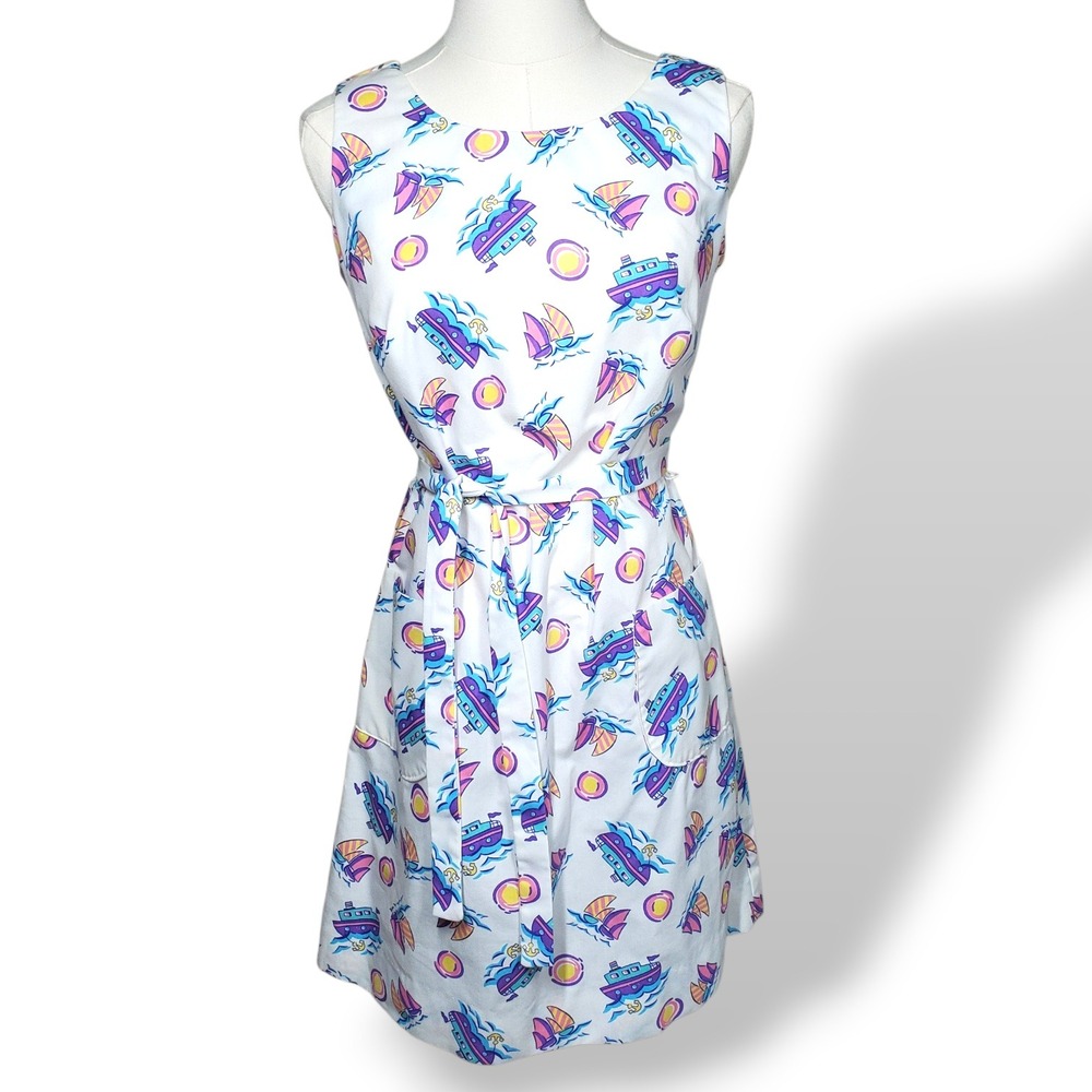 Vintage Gala Nautical Print Shift Dress Womens 8 White Boat Miami Florida USA